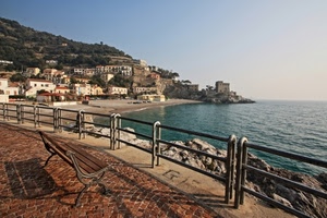 panchina, mare, spiaggia, ringhiera, case, acqua, lungomare, paese, panorama, paesaggio, scogli