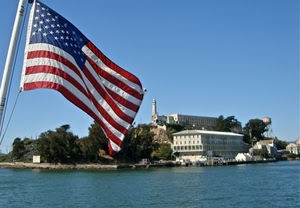 bandiera, stelle, strisce, cielo, mare, rosso, bianco, acqua, alberi, isola, faro, azzurro, americana, blu, verde, edifici, finestre, asta
