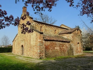 chiesa, prato, rami, porta, romanico, foglie, campagna, romanica, cielo, mattoni, alberi