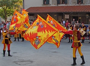 rosso, bandiere, giallo, sbandieratori, costumi, albero, persone, tetto, spettatori, piazza, esibizione, manifestazione, tamburi, finestre, tettoia