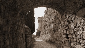 torre, arco, castello, mura, bianconero, pietre, strada, vicolo, fortezza, rudere, albero, galleria