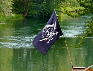 bandiera, verde, fiume, acqua, teschio, alberi, pirati, nero, spade, foglie, asta, piante, pirata, bianco, rive, rami