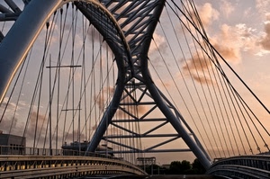 ponte, nuvole, cielo, tramonto, architettura, linee, tiranti, ferro, strada, curve, geometrie, tralicci, fili