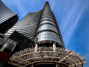 grattacielo, cielo, architettura, finestre, vetro, nuvole, vetri, vetrate, prospettiva, torre, milano