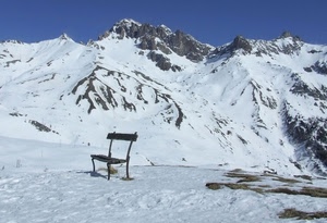 panchina, neve, montagna, bianco, inverno, montagne, cime, cielo