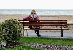 panchina, mare, ragazza, treccia, cespuglio, seduta, donna, verde, sola