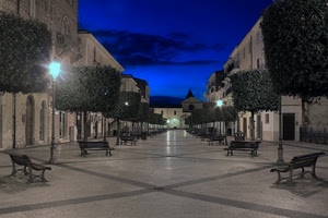 panchine, lampioni, alberi, blu, piazza, notturno, strada, paese, cielo, viale, luci