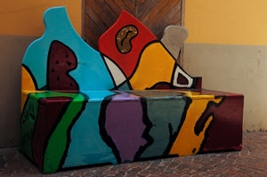 colori, panchina, porta, azzurro, disegni, verde, viola, rosso, multicolore, cassapanca