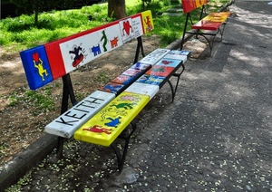 panchine, colori, disegni, giallo, viale, strada, panchina, multicolore, bianco