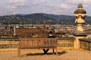 panchina, panorama, chiesa, città, montagne, uomo, colline, ombra, firenze, vaso
