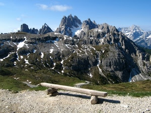 panchina, montagna, neve, panorama, cime, montagne, verde, roccia, legno