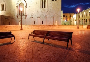 panchina, piazza, lampioni, panchine, sera, luci, palazzo, città, notte, lampione, notturno