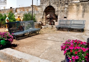 panchine, fiori, muro, statue, fucsia, ruota, fontana