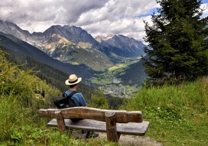 panchina, cappello, panorama, montagne, montagna, verde, albero, abete, alberi