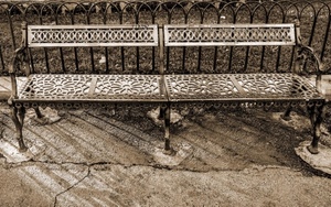 panchina, panchine, ringhiera, seppia, ferro, bianconero, giardini, ombra