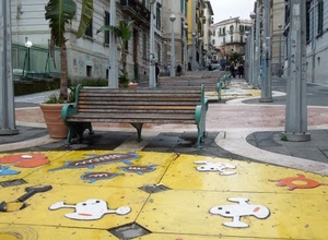 panchine, lampioni, giallo, strada, panchina, disegni, piante, vaso, via, palme, prospettiva