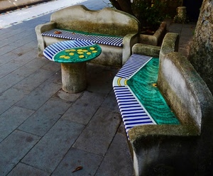 panchine, tavolino, verde, righe, pietra, due, giallo, disegni, limoni, strada, tavolo, ceramica