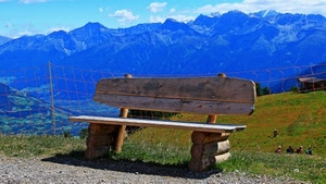 panchina, legno, montagne, montagna, rete, prato, ombra, verde, panorama, cielo