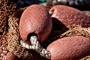 rete, corda, galleggianti, pesca, dettagli, marrone