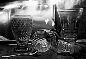 bicchieri, vetro, cucchiaino, bianconero, tre, tappo, cucchiaio, bicchiere