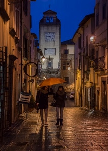 ombrello, campanile, pioggia, orologio, notte, vicolo, strada, sera, ragazze, torre