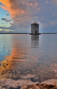 nuvole, mulino, cielo, riflesso, riflessi, mare, acqua, tramonto, torre, rosa, pale