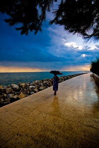 ombrello, mare, pioggia, nuvole, scogli, cielo, donna, acqua, riflessi, rami, alberi, maltempo, lungomare, scogliera, passante, massi, passeggiare, riflesso, passeggiata, bagnato