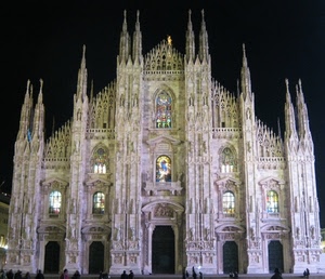 duomo, guglie, milano, notte, portali, vetrate, facciata, gotico, bianco, notturno