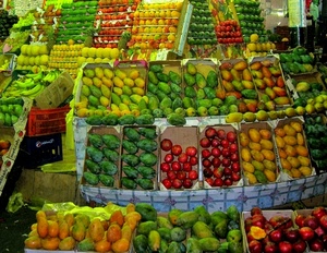 frutta, verde, giallo, rosso, cassette, colori, mercato, esposizione, frutti, ananas, cartoni, fichi, esotica, cibo, banane