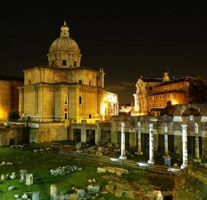 colonne, chiesa, notte, ruderi, cupola, luci, notturno, roma, rovine, fori, archeologia