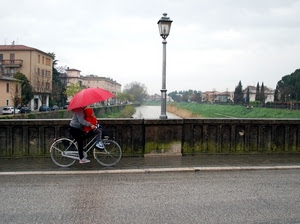 lampione, bicicletta, ponte, ombrello, fiume, rosso, pioggia, alberi, acqua, strada, case, bici, ruote