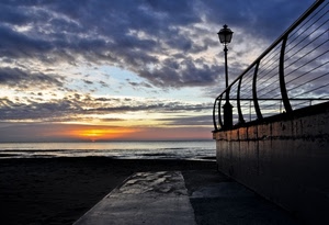 tramonto, mare, lampione, nuvole, ringhiera, alba, spiaggia, cielo