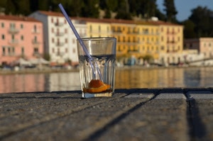 bicchiere, cannuccia, vetro, mare, case, palazzi, arancia, sfocato, acqua, legno, trasparente, tavolo, trasparenza, porto