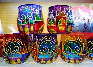 bicchieri, colori, vetro, praga, vetrina, blu, souvenir, rosso