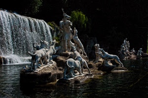 cascata, acqua, fontana, statue, cani, animali, alberi, sculture, verde, marmo, rocce