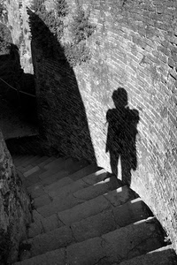 ombra, scala, mattoni, muro, gradini, bianconero, scale, discesa, persona