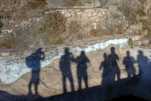 ombre, persone, muro, sette, montagna, cespugli, pietre, fotografi, roccia