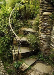 scala, ringhiera, verde, gradini, pietre, pietra, foglie, mattoni