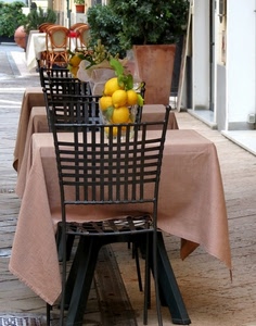 limoni, sedie, tovaglie, giallo, tavolini, piante, tavoli, vaso, rosa, ristorante, pianta, verde, foglie, bar, tovaglia, vasi, metallo