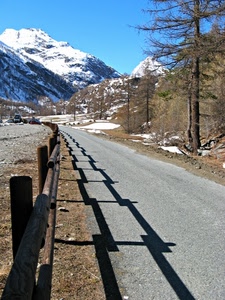 strada, montagne, neve, staccionata, ombra, alberi, montagna, ombre, bianco, cielo