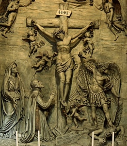 crocifisso, croce, angeli, bassorilievo, santi, madonna, candele, angelo, putti, scultura, cristo, diavolo, crocifissione, santo, devozione, spada, ceri