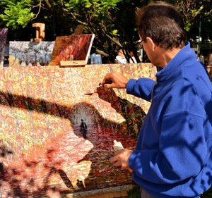 pittore, quadri, quadro, alberi, colori, artista, blu, ombra, spatola, foglie, azzurro, ombre, mani, verde, uomo, occhiali, tela, pennello, dipinto, tubetto, mano