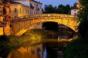 ponte, fiume, case, alberi, riflessi, finestre, luce, luci, acqua, riflesso, arco, piante, verde, cielo, balconi, notturno, balaustra, erba, parapetto