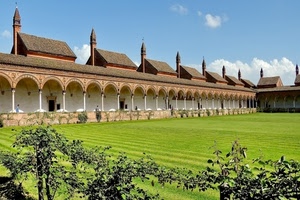 verde, colonne, archi, chiostro, prato, campanili, porticato, nuvole, cielo, erba, tetti, convento, portico, azzurro, piante, certosa, abbaini, bianco, viti