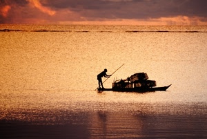 mare, barca, tramonto, pescatore, acqua, pescare, controluce