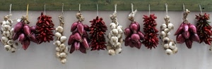 aglio, cipolle, ortaggi, appesi, peperoncini, bianco, viola, rosso, peperoncino, cipolla, appese, trecce, chiodi, muro, asse, legno