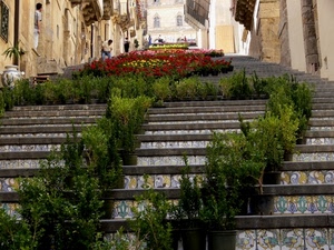fiori, scalinata, vasi, gradini, piante, infiorata, scala, ceramiche, verde, rosso