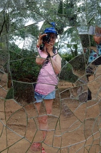 specchio, riflesso, fotografo, vetro, autoritratto, rotto, mosaico, rosa, cappello, piante, alberi, frammenti, fotografa, vetri, gambe