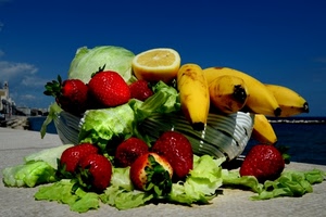 fragole, frutta, banane, mare, limone, verde, cielo, rosso, giallo, cesto, insalata, blu, verdura, foglie, cibo, azzurro