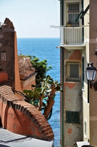 mare, lampione, finestre, piante, scorcio, azzurro, balcone, muretto, case, mattoni, fico, cielo, verde, india, orizzonte, palazzo, citofono, inferriate